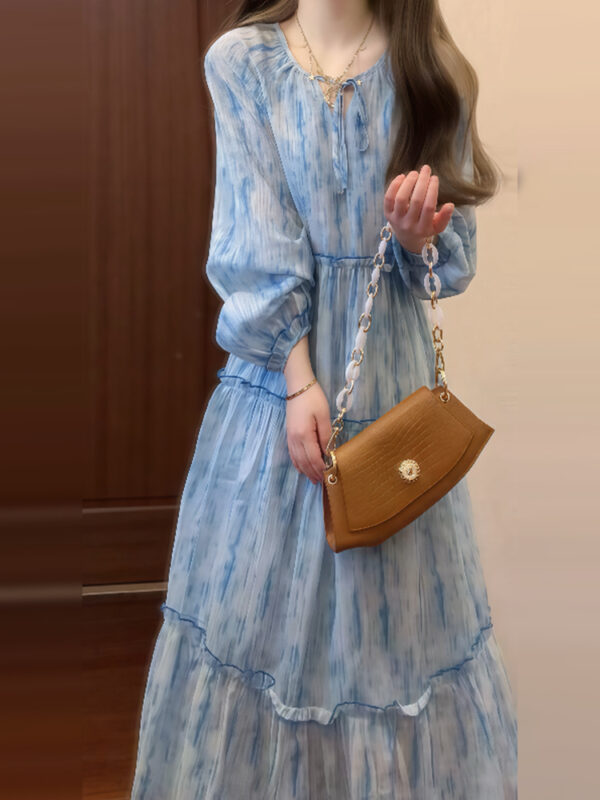 Blue waist dress for girls French style long dress - Image 4