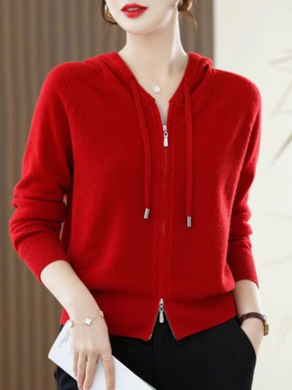 Solid Color Long Sleeve Knitted Wool Hooded Sweater - Image 5