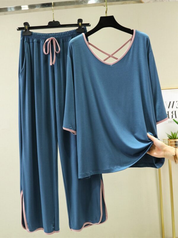 Women's Summer 2 Pieces Pajama Set with Open Neck and Short Sleeve - Image 3