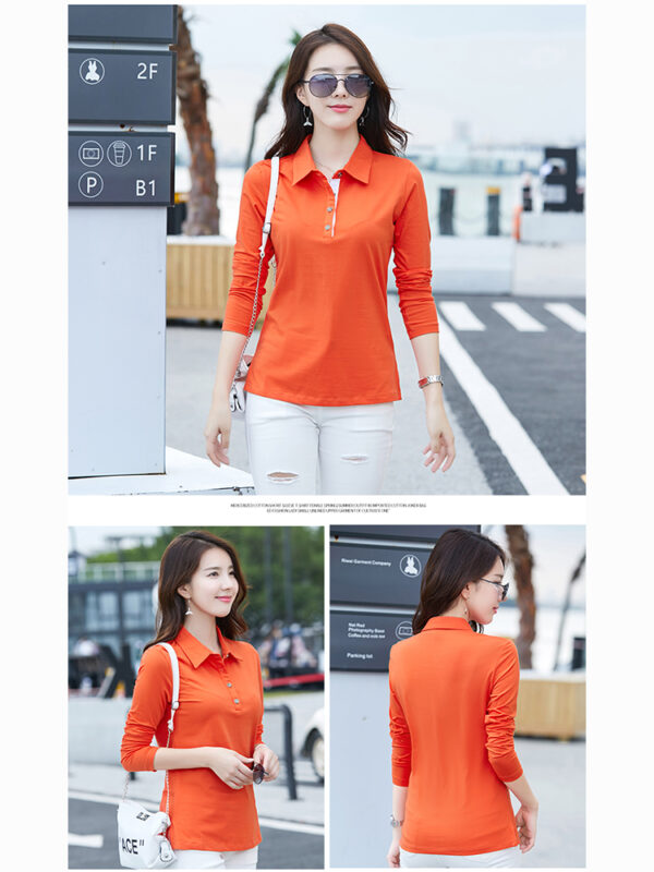 High Quality Women's Cotton Long Sleeve T-Shirt Lapel Collar Top Shirt - Image 4