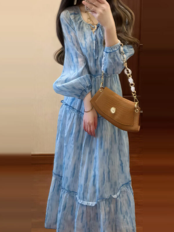 Blue waist dress for girls French style long dress - Image 2