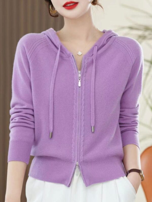 Solid Color Long Sleeve Knitted Wool Hooded Sweater - Image 4