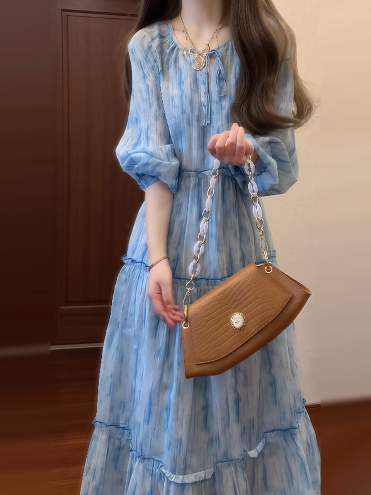 Blue waist dress for girls French style long dress